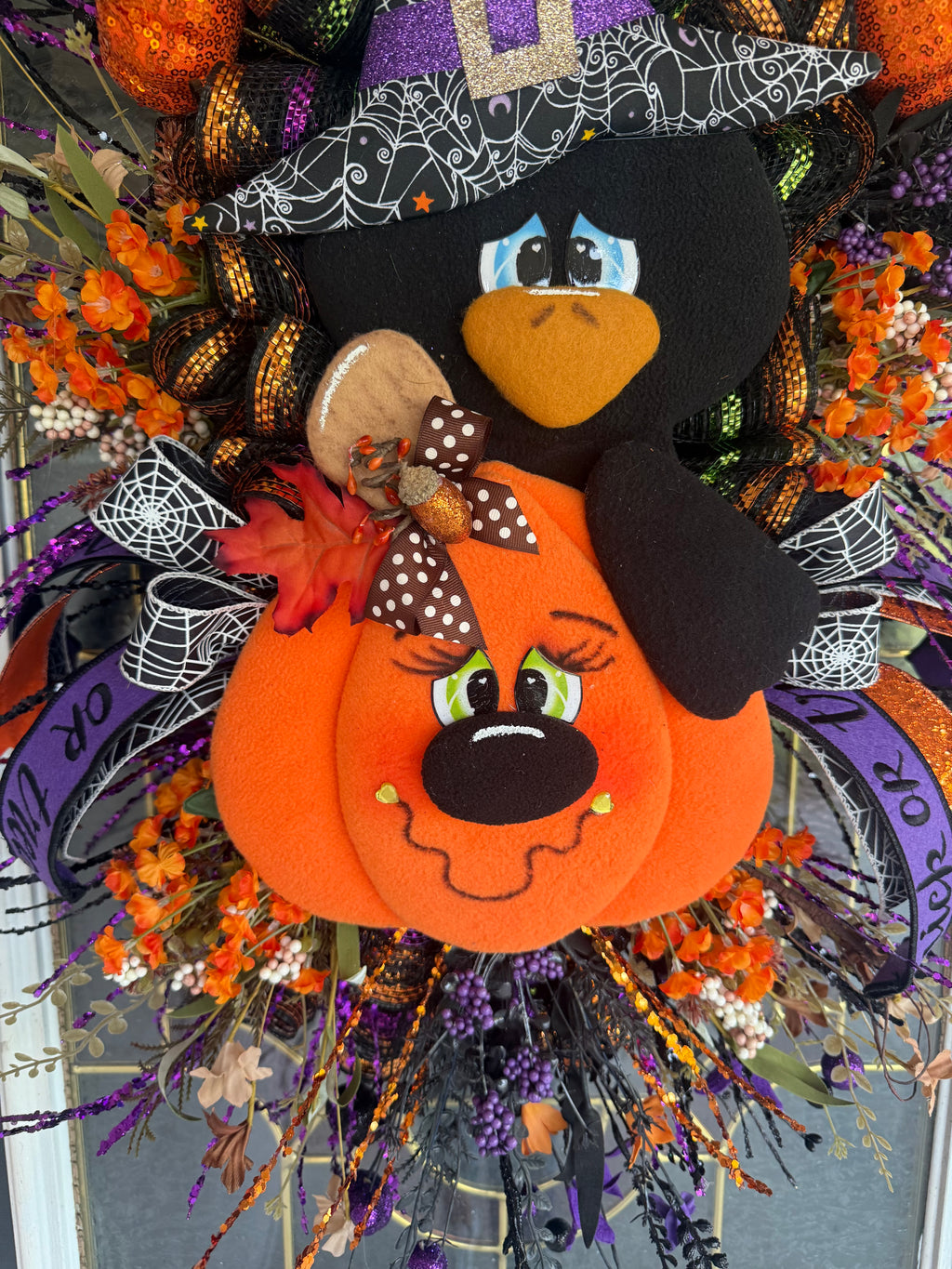 Halloween Crow & Pumpkin Luxury Swag – Whimsical Witch Hat Door Hanger – Handmade Falloween Front Door Decor