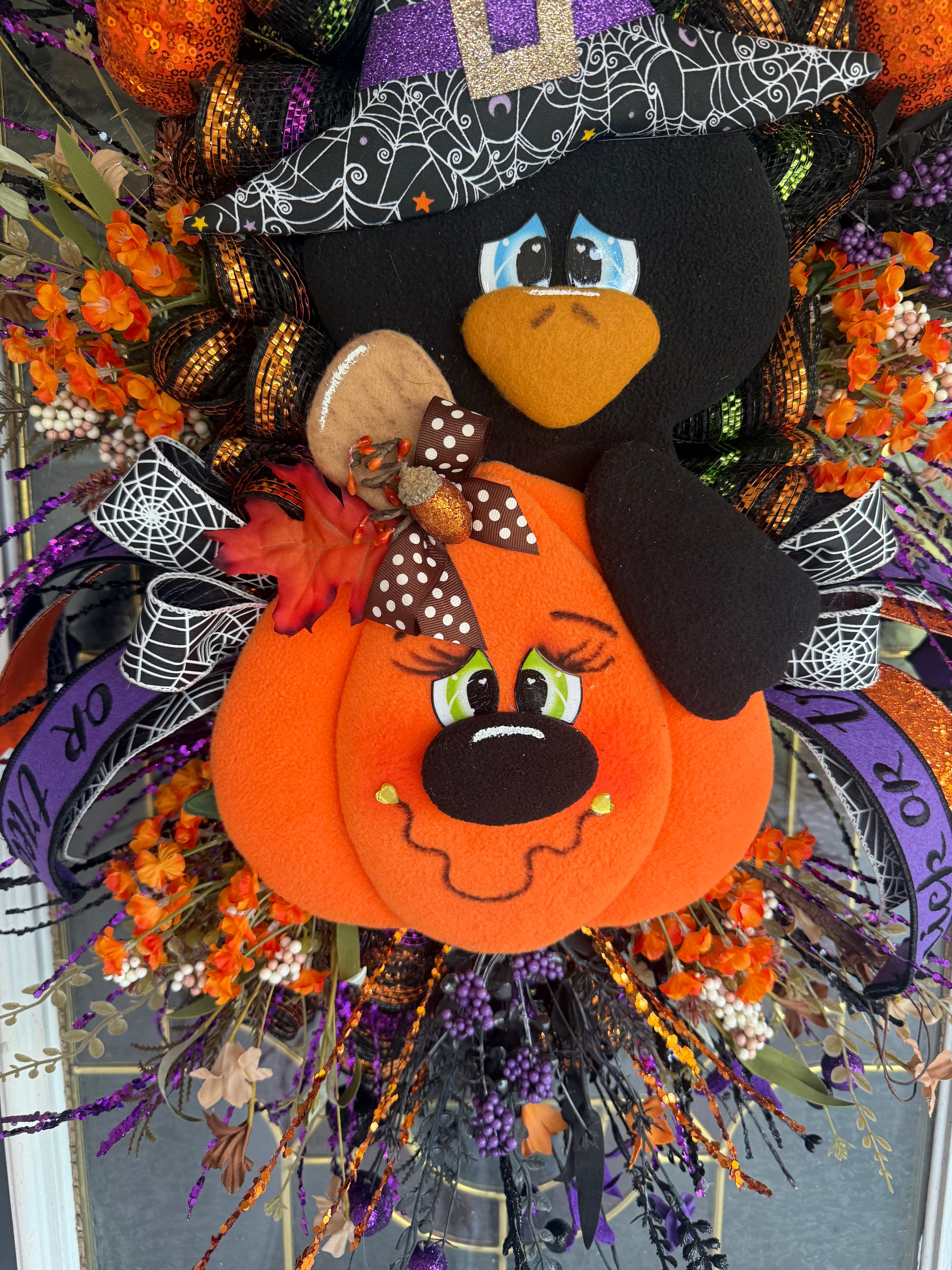 Halloween Crow & Pumpkin Luxury Swag – Whimsical Witch Hat Door Hanger – Handmade Falloween Front Door Decor