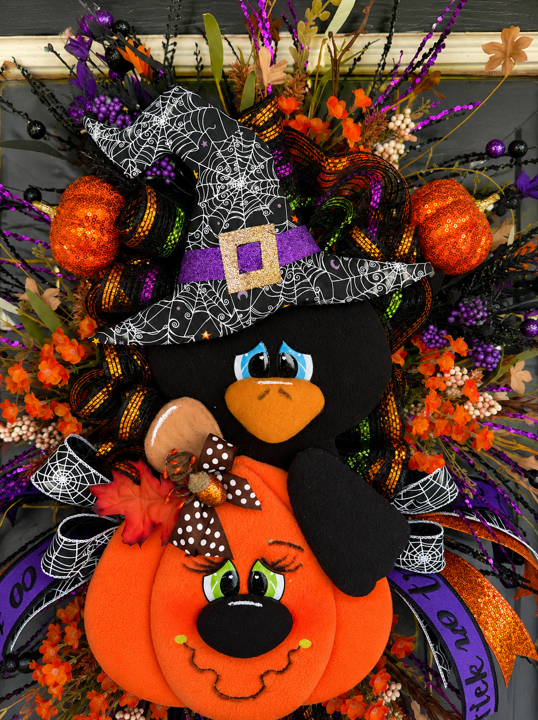 Halloween Crow & Pumpkin Luxury Swag – Whimsical Witch Hat Door Hanger – Handmade Falloween Front Door Decor
