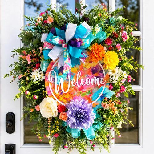 Handmade Floral Welcome Wreath | Colorful Spring Door Decor