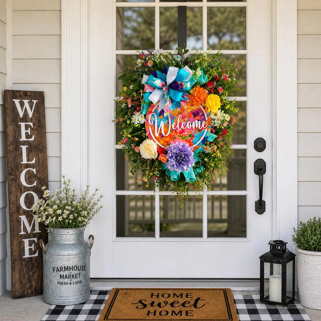 Handmade Floral Welcome Wreath | Colorful Spring Door Decor