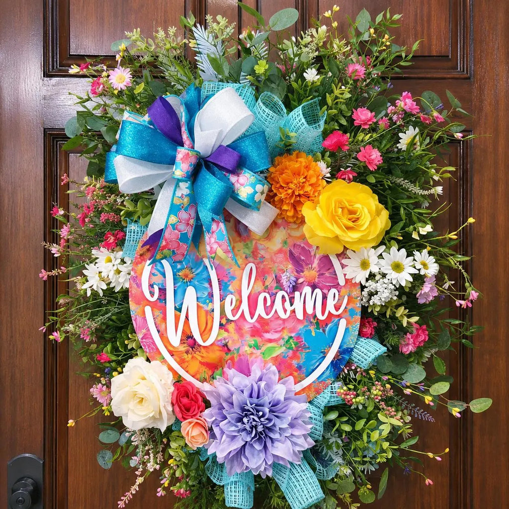 Handmade Floral Welcome Wreath | Colorful Spring Door Decor