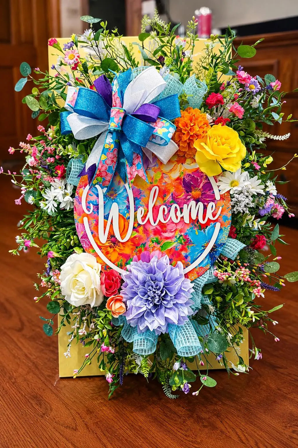 Handmade Floral Welcome Wreath | Colorful Spring Door Decor