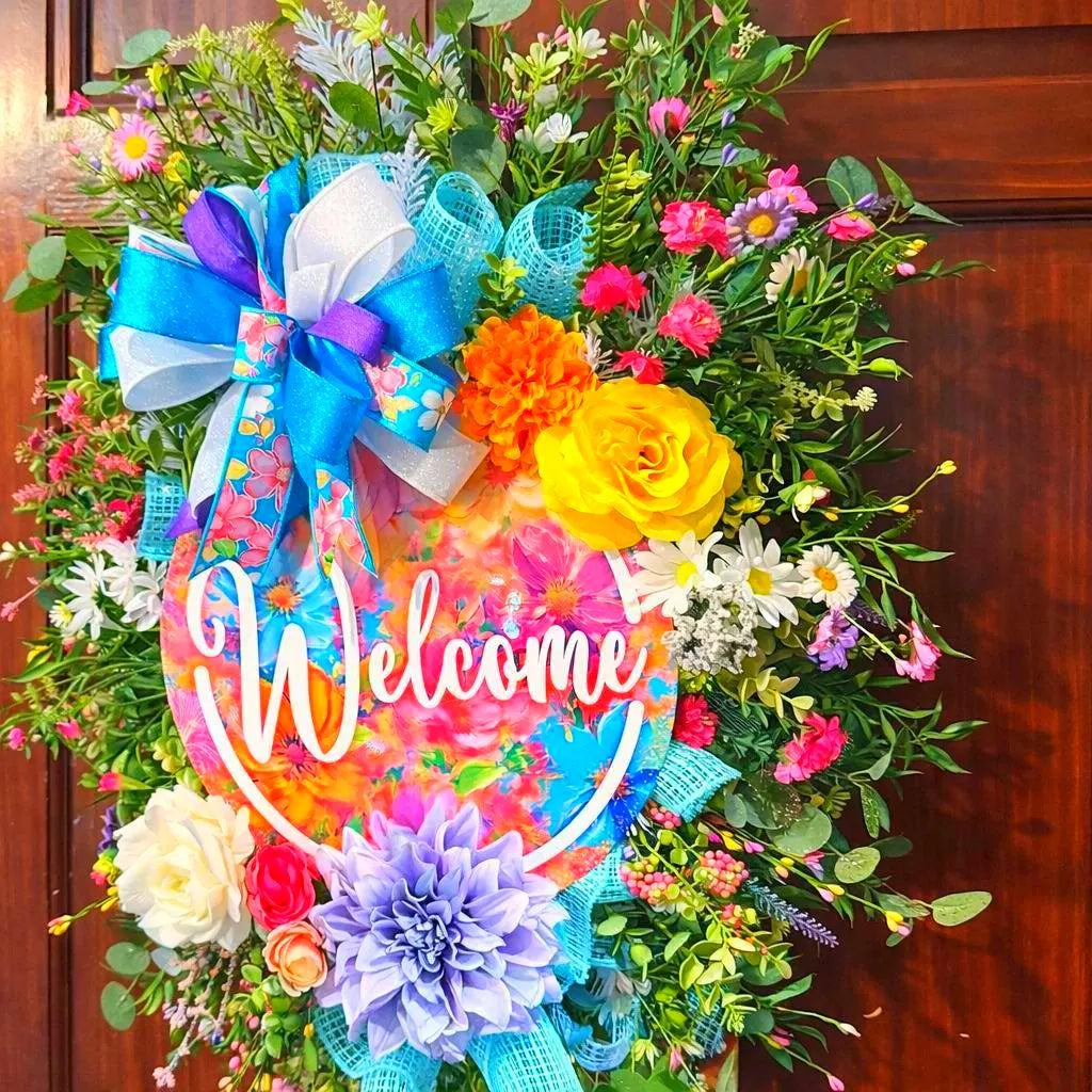 Handmade Floral Welcome Wreath | Colorful Spring Door Decor