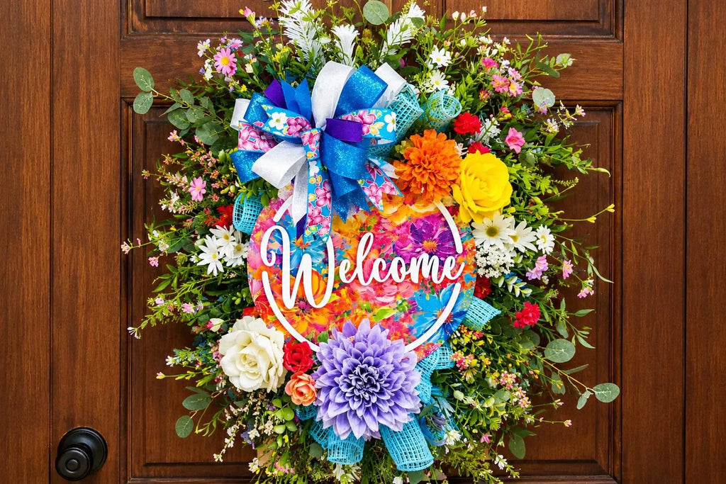 Handmade Floral Welcome Wreath | Colorful Spring Door Decor