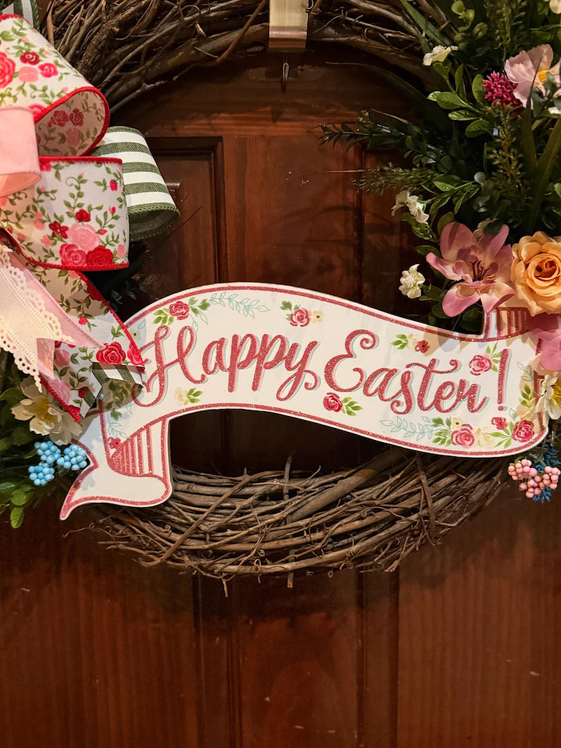 Easter Grapevine Wreath for Front Door – Pink Bow Spring Farmhouse Decor
