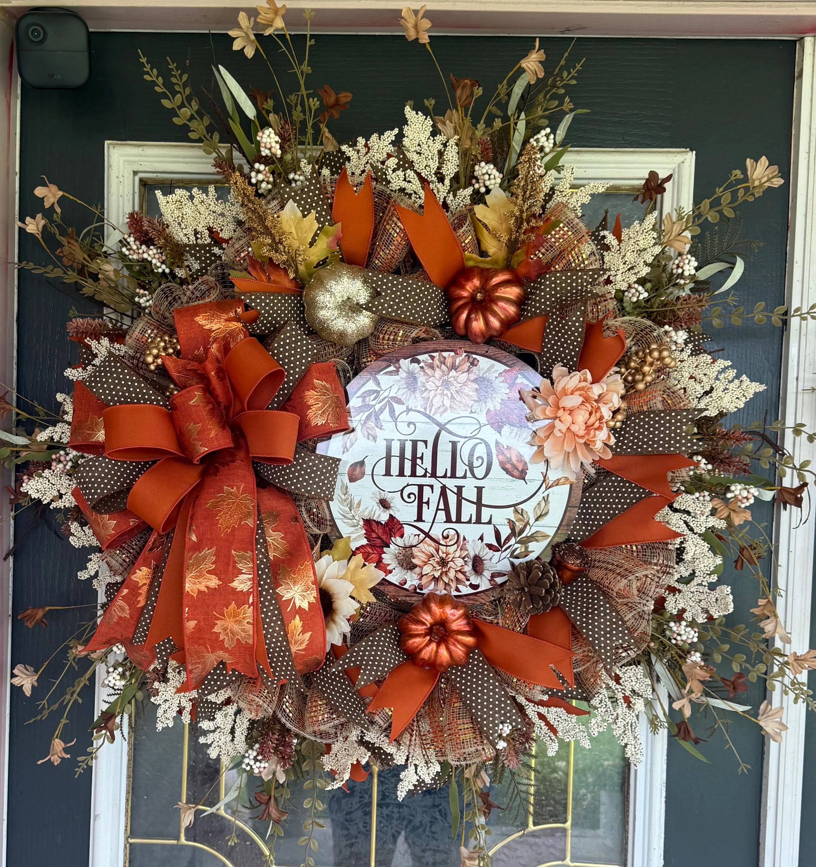 Luxury Hello Fall Mesh Wreath | Oversized Autumn Front Door Wreath | Pumpkin & Floral Fall Decor | Handmade Seasonal Door Hanger