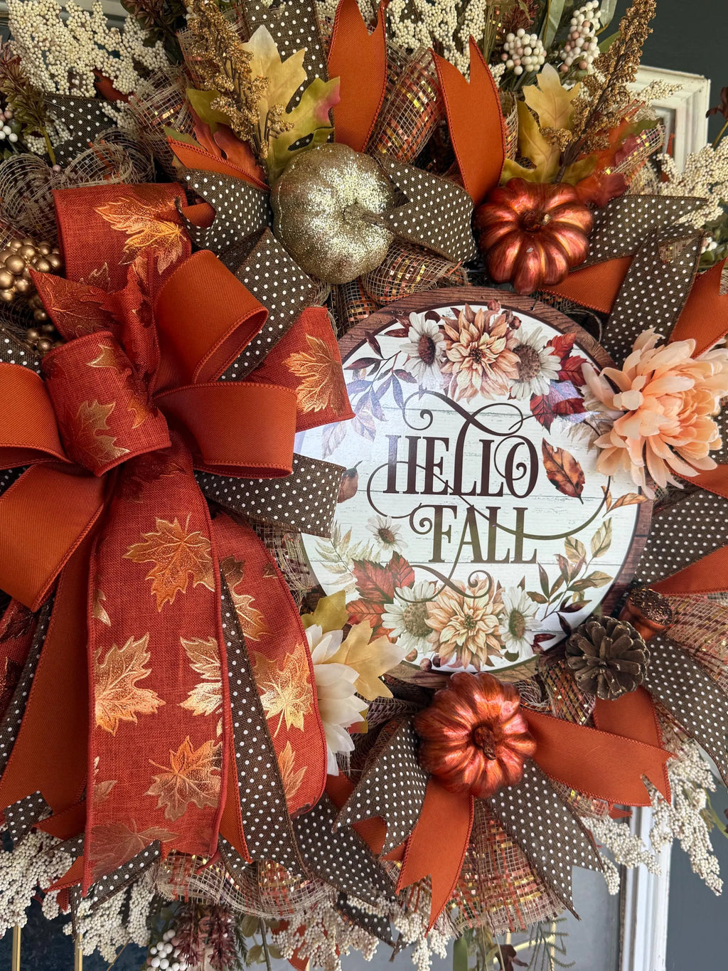 Luxury Hello Fall Mesh Wreath | Oversized Autumn Front Door Wreath | Pumpkin & Floral Fall Decor | Handmade Seasonal Door Hanger