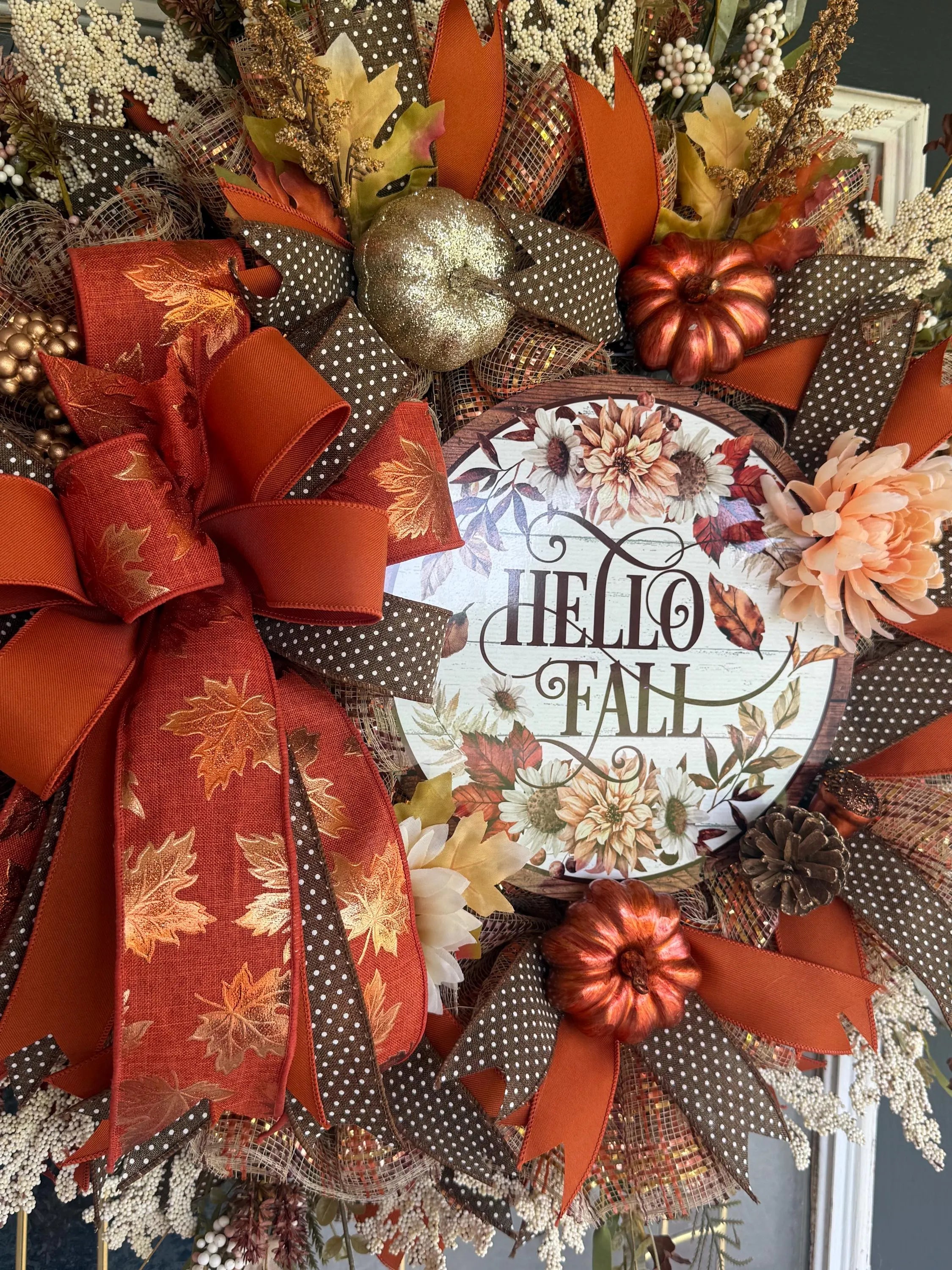 Luxury Hello Fall Mesh Wreath | Oversized Autumn Front Door Wreath | Pumpkin & Floral Fall Decor | Handmade Seasonal Door Hanger