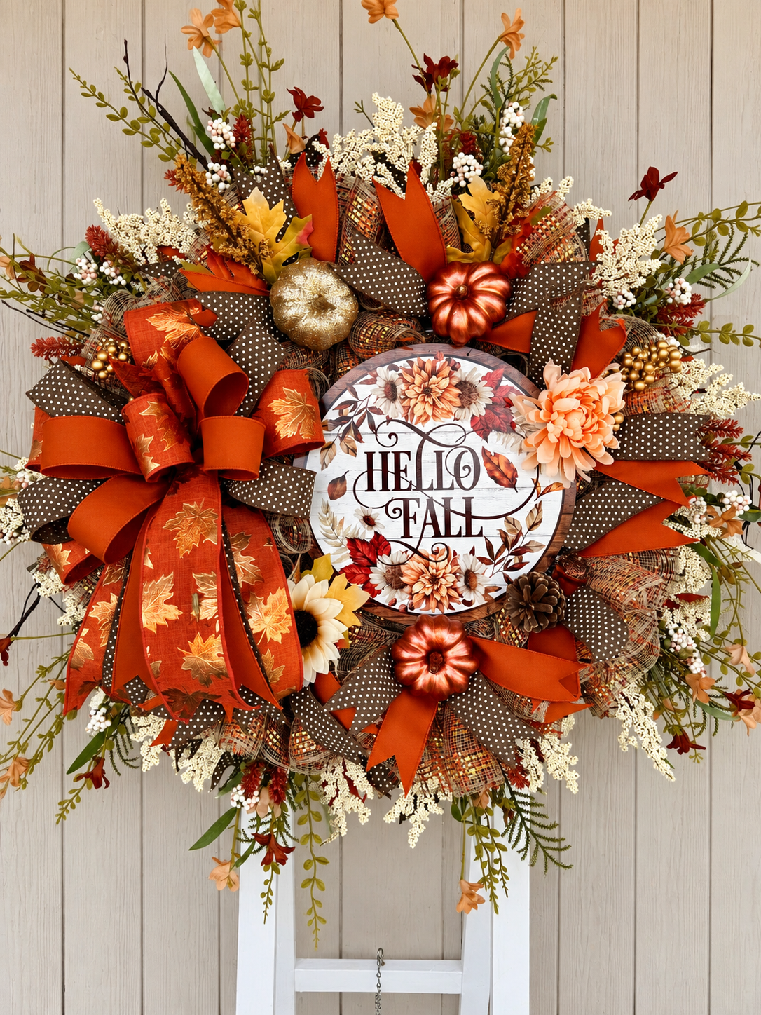 Luxury Hello Fall Mesh Wreath | Oversized Autumn Front Door Wreath | Pumpkin & Floral Fall Decor | Handmade Seasonal Door Hanger