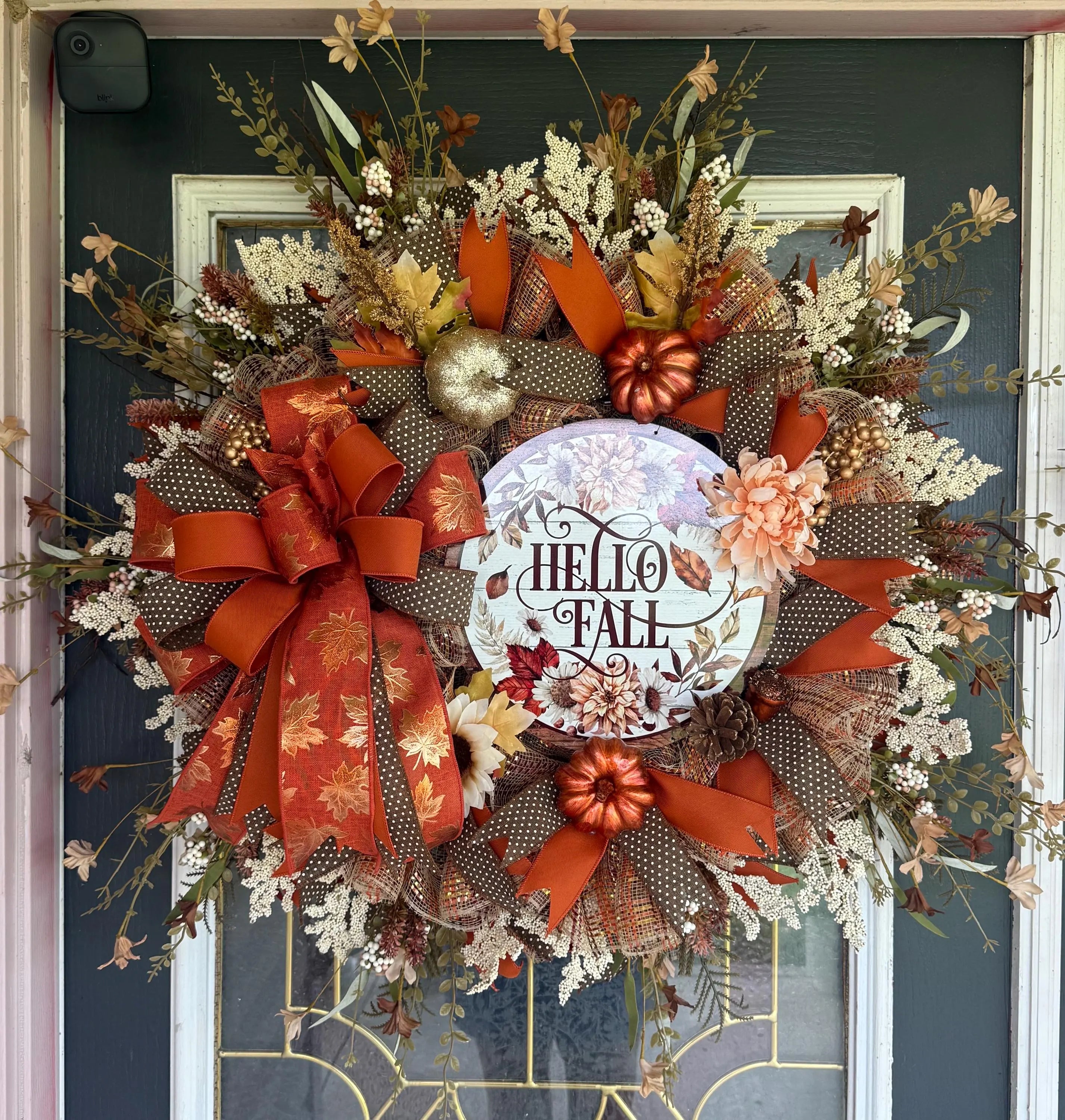 Luxury Hello Fall Mesh Wreath | Oversized Autumn Front Door Wreath | Pumpkin & Floral Fall Decor | Handmade Seasonal Door Hanger