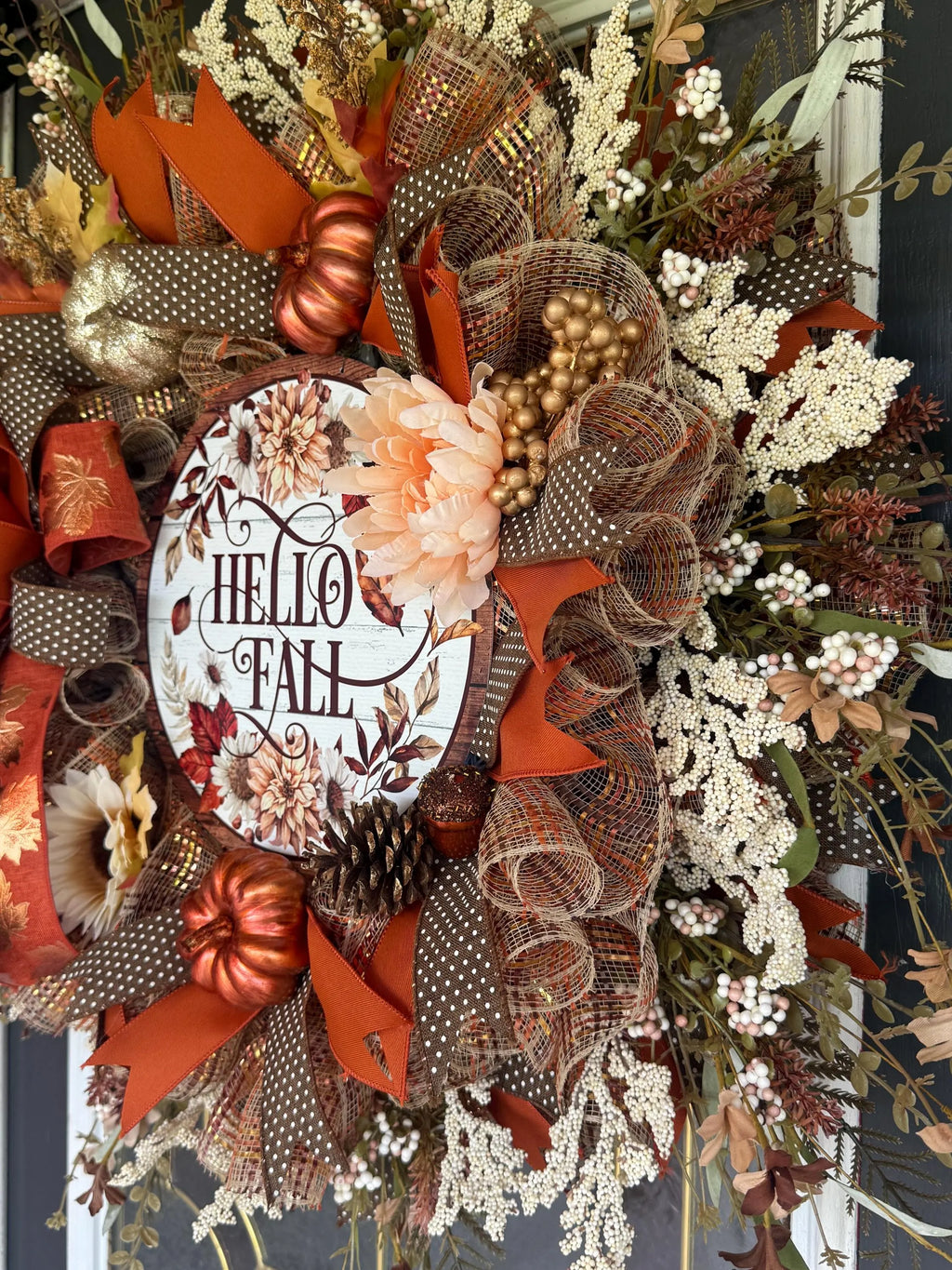 Luxury Hello Fall Mesh Wreath | Oversized Autumn Front Door Wreath | Pumpkin & Floral Fall Decor | Handmade Seasonal Door Hanger