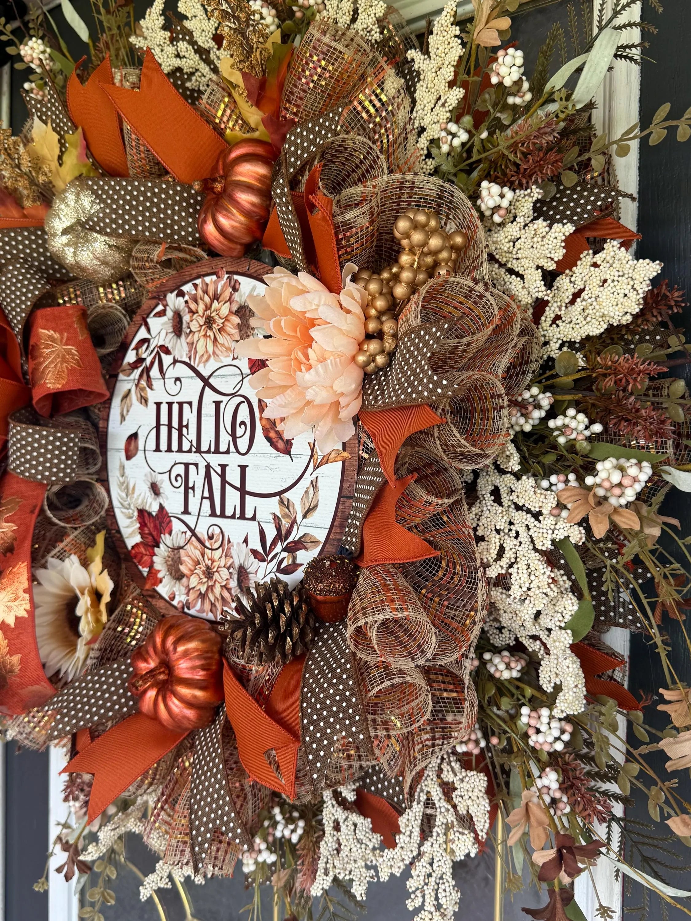 Luxury Hello Fall Mesh Wreath | Oversized Autumn Front Door Wreath | Pumpkin & Floral Fall Decor | Handmade Seasonal Door Hanger