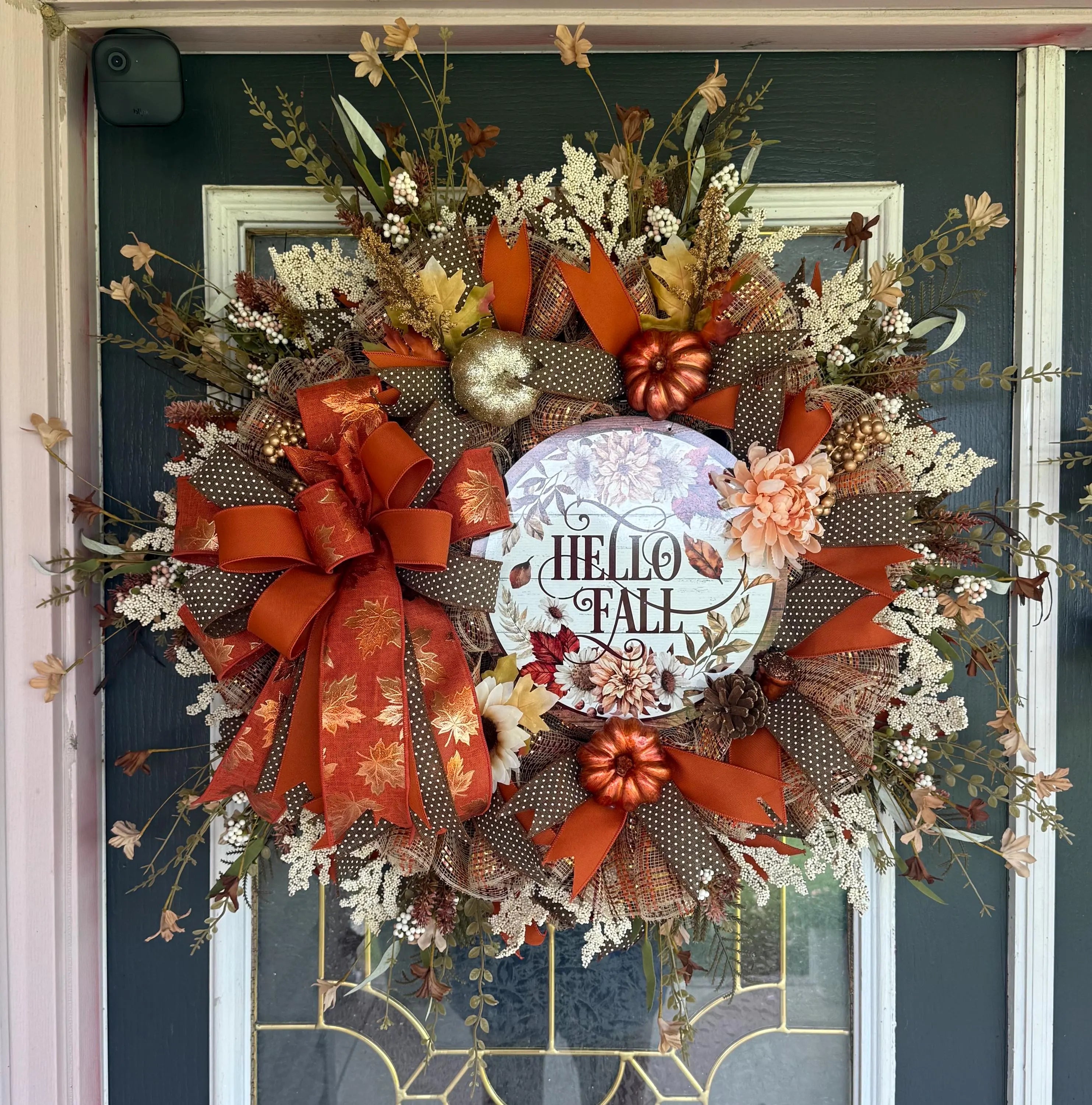 Luxury Hello Fall Mesh Wreath | Oversized Autumn Front Door Wreath | Pumpkin & Floral Fall Decor | Handmade Seasonal Door Hanger