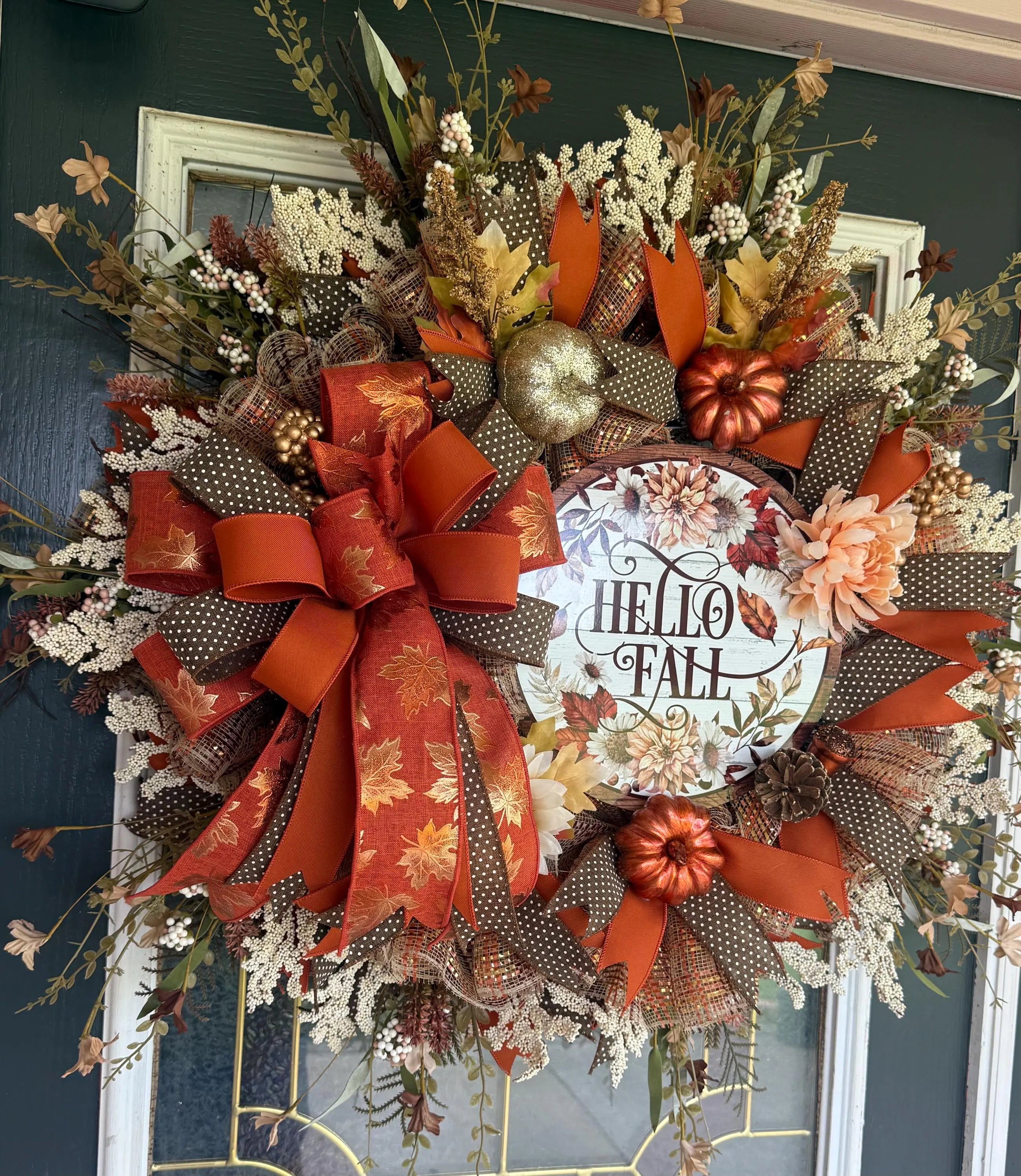Luxury Hello Fall Mesh Wreath | Oversized Autumn Front Door Wreath | Pumpkin & Floral Fall Decor | Handmade Seasonal Door Hanger
