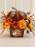 Jeweled Velvet Pumpkin Fall Arrangement, Elegant Thanksgiving Table Decor, Luxury Autumn Floral Centerpiece