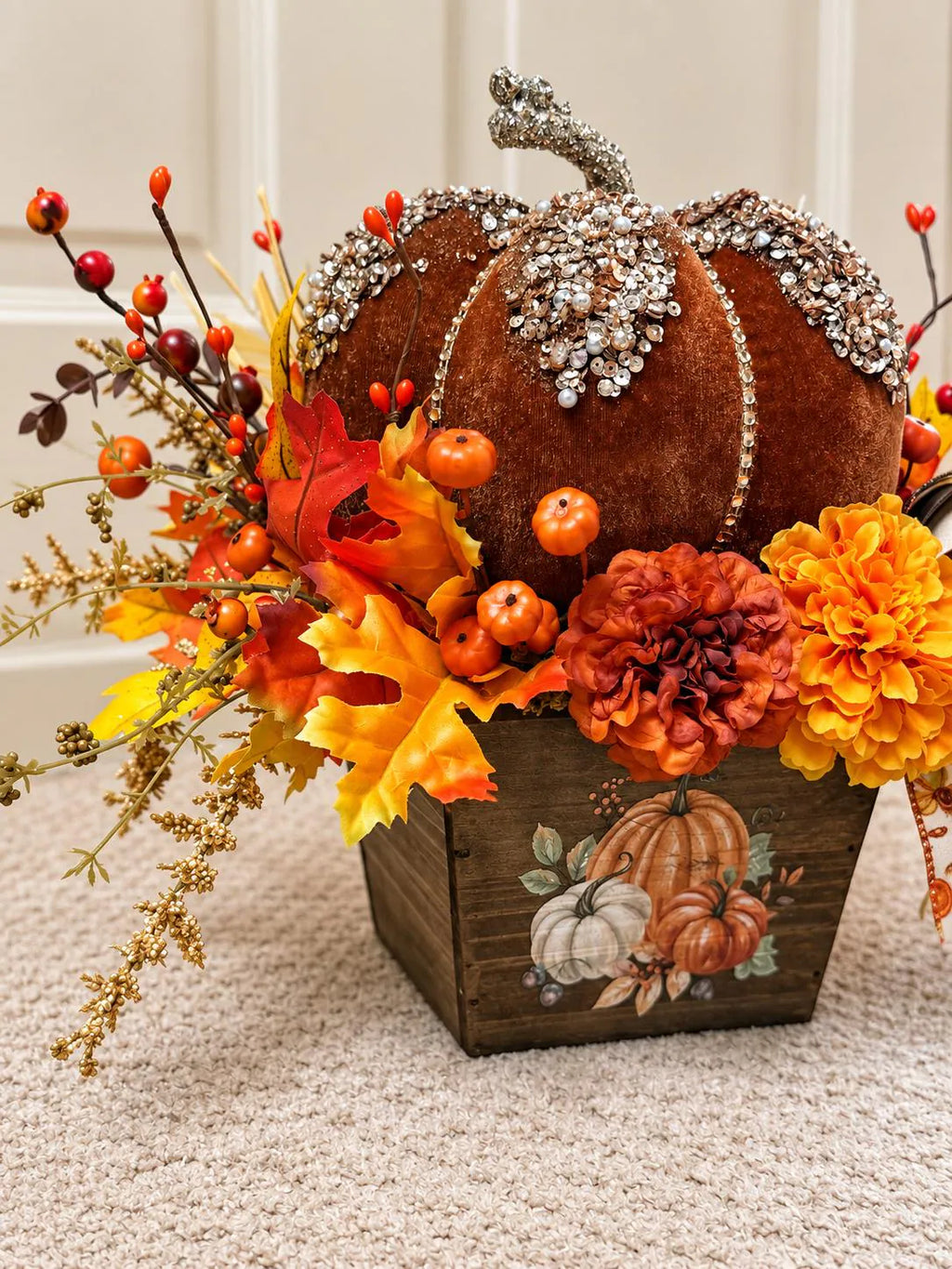 Jeweled Velvet Pumpkin Fall Arrangement, Elegant Thanksgiving Table Decor, Luxury Autumn Floral Centerpiece