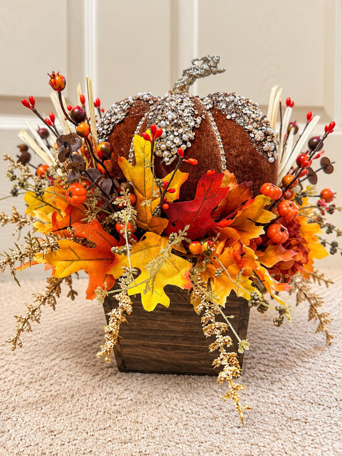 Jeweled Velvet Pumpkin Fall Arrangement, Elegant Thanksgiving Table Decor, Luxury Autumn Floral Centerpiece
