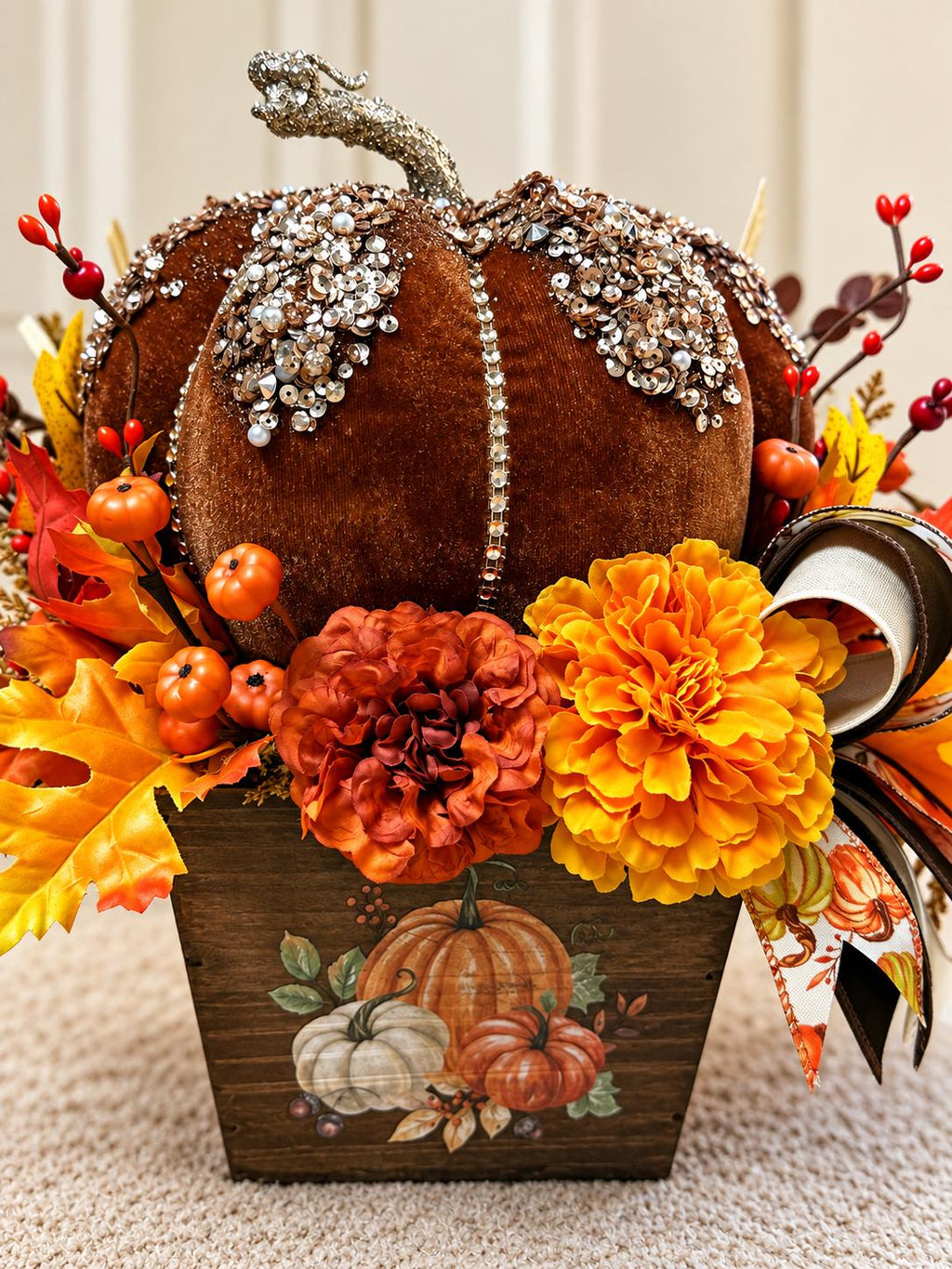 Jeweled Velvet Pumpkin Fall Arrangement, Elegant Thanksgiving Table Decor, Luxury Autumn Floral Centerpiece