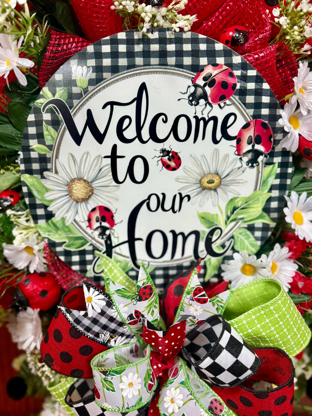 Ladybug Summer Wreath for Front Door | Large Red & Black Welcome Wreath with Daisies | Handmade Farmhouse Door Decor