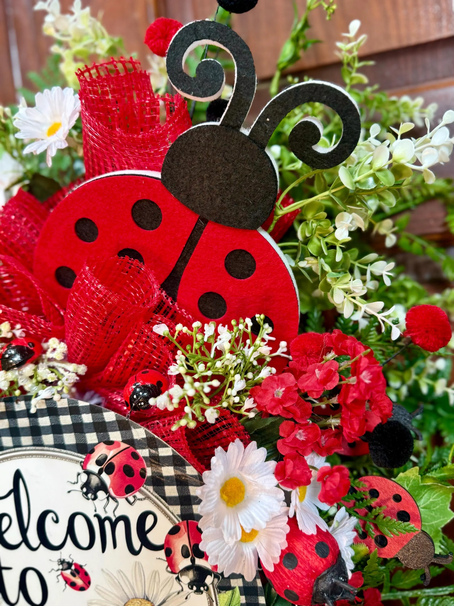 Ladybug Summer Wreath for Front Door | Large Red & Black Welcome Wreath with Daisies | Handmade Farmhouse Door Decor