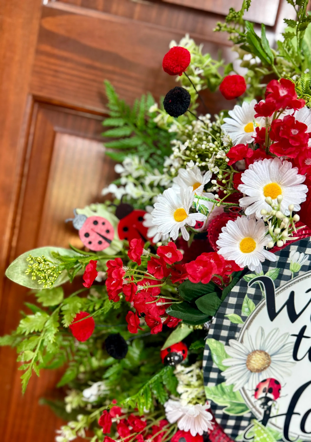 Ladybug Summer Wreath for Front Door | Large Red & Black Welcome Wreath with Daisies | Handmade Farmhouse Door Decor