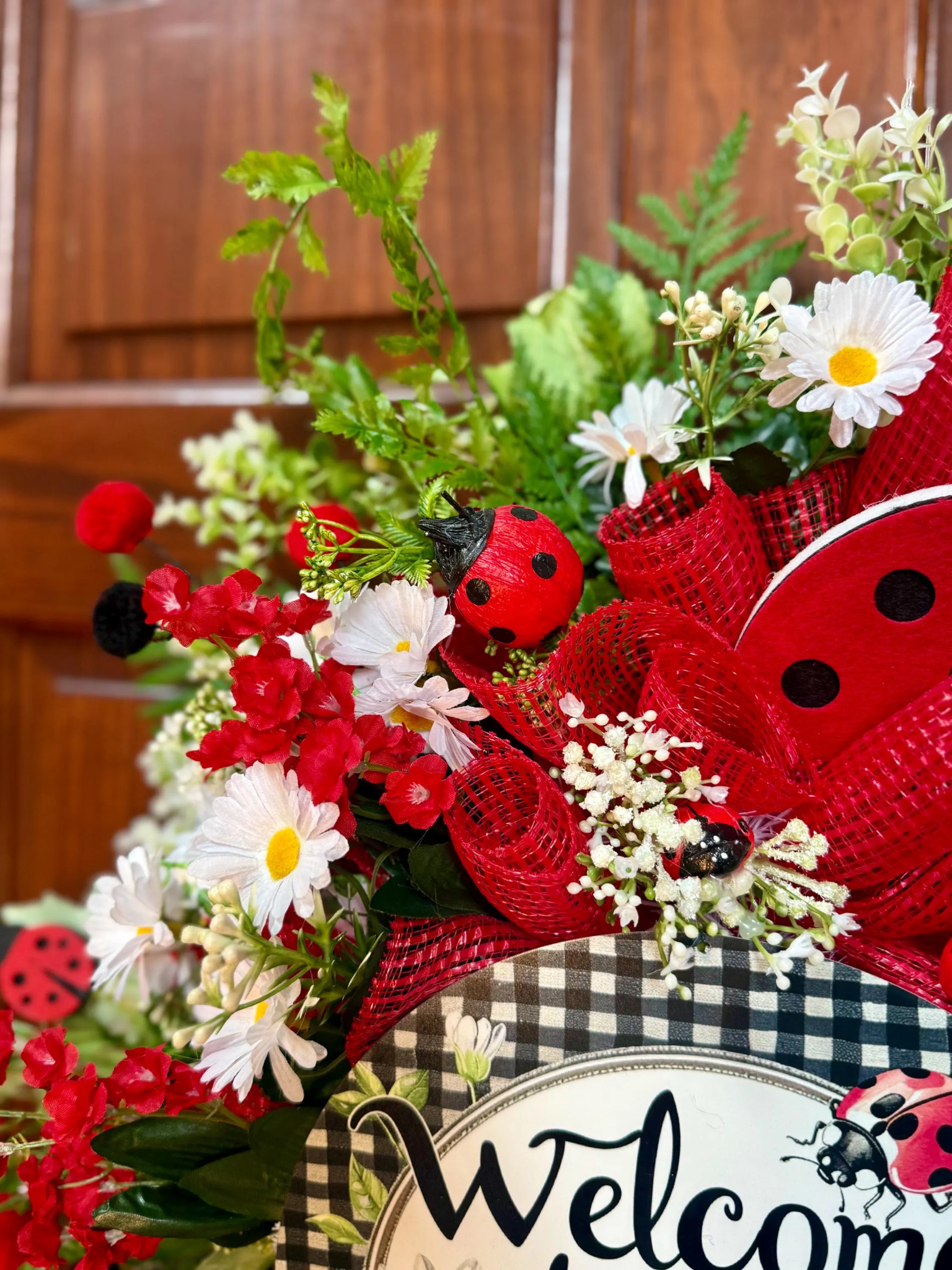 Ladybug Summer Wreath for Front Door | Large Red & Black Welcome Wreath with Daisies | Handmade Farmhouse Door Decor