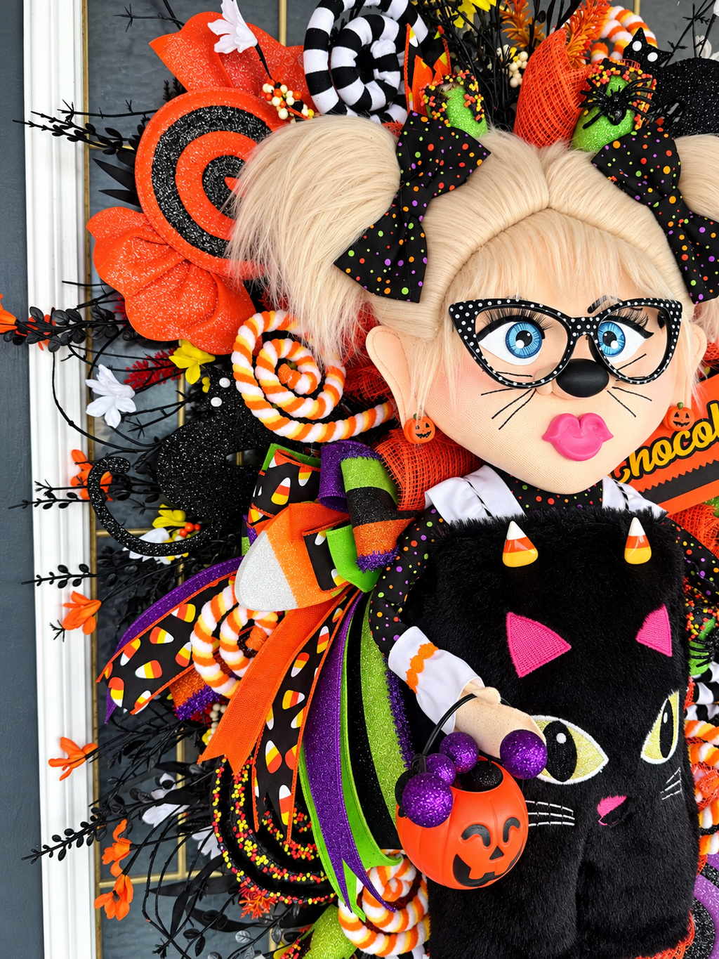 Lil Miss Meow Halloween Wreath | Black Cat Trick-or-Treater Door Hanger | Whimsical Candy Decor