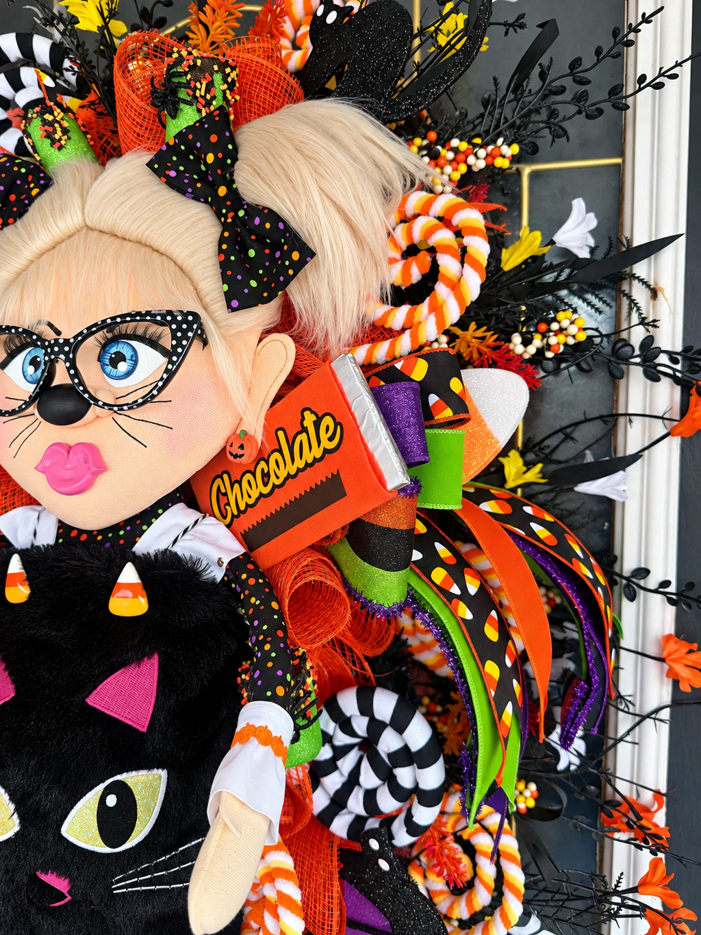 Lil Miss Meow Halloween Wreath | Black Cat Trick-or-Treater Door Hanger | Whimsical Candy Decor