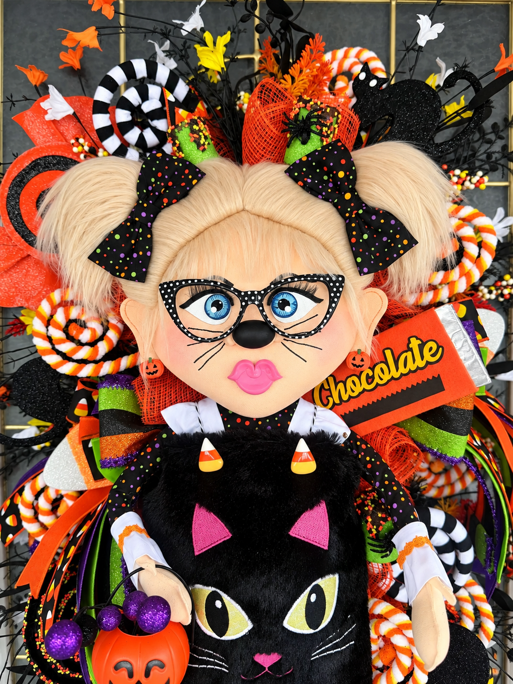 Lil Miss Meow Halloween Wreath | Black Cat Trick-or-Treater Door Hanger | Whimsical Candy Decor