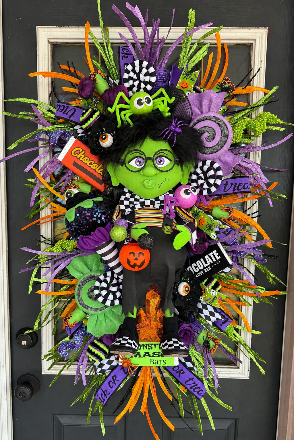 Handmade Halloween Wreath | Lil Ms. Frankie Witch Door Hanger, Candy Decor