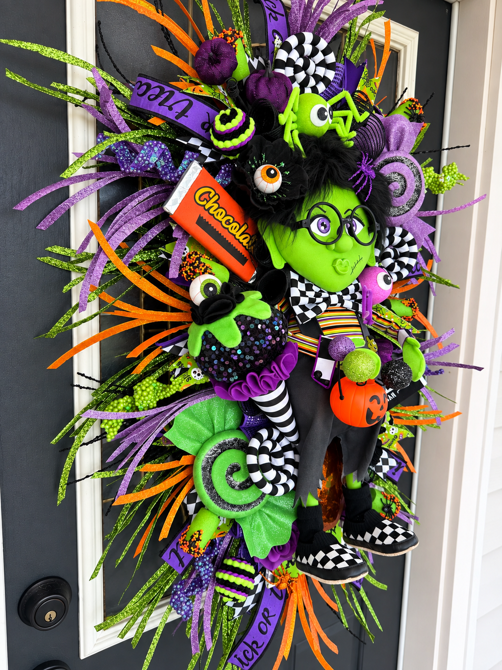 Handmade Halloween Wreath | Lil Ms. Frankie Witch Door Hanger, Candy Decor