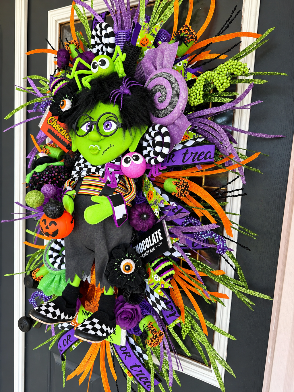 Handmade Halloween Wreath | Lil Ms. Frankie Witch Door Hanger, Candy Decor