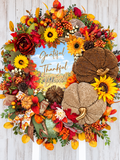 Luxury Fall Wreath with Mirror & Textured Pumpkins | Grateful Thankful Blessed | Oversized Thanksgiving Wreath | 32”