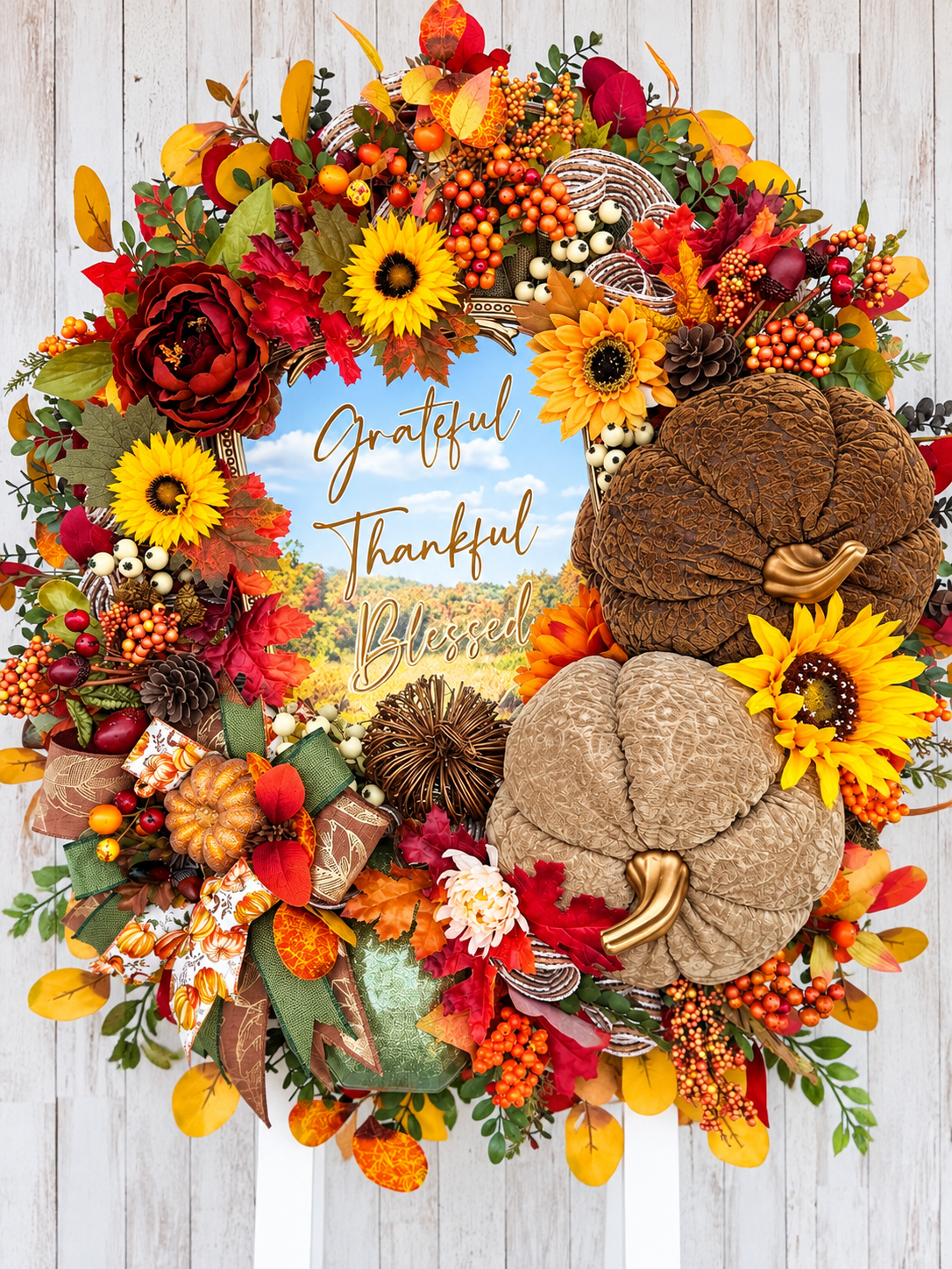 Luxury Fall Wreath with Mirror & Textured Pumpkins | Grateful Thankful Blessed | Oversized Thanksgiving Wreath | 32”