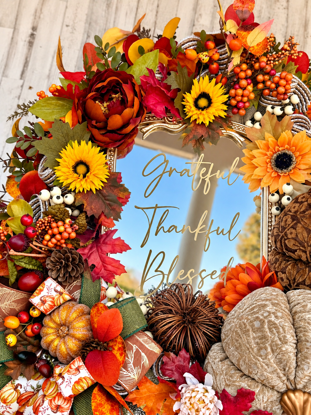 Luxury Fall Wreath with Mirror & Textured Pumpkins | Grateful Thankful Blessed | Oversized Thanksgiving Wreath | 32”