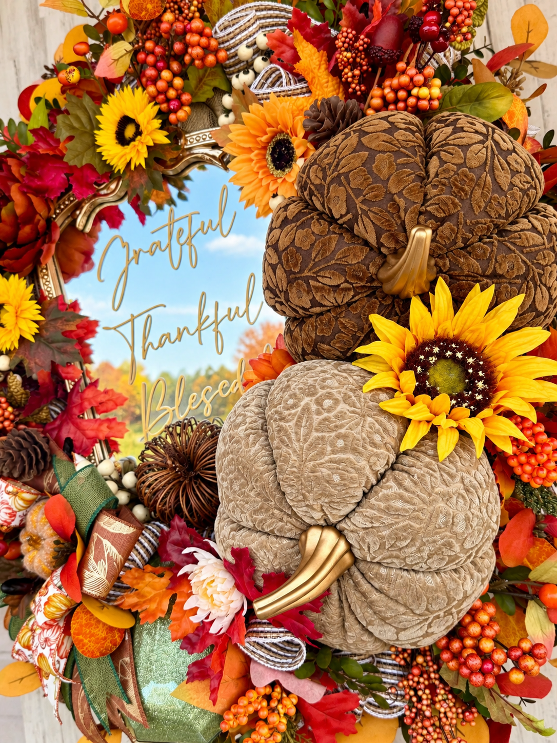 Luxury Fall Wreath with Mirror & Textured Pumpkins | Grateful Thankful Blessed | Oversized Thanksgiving Wreath | 32”