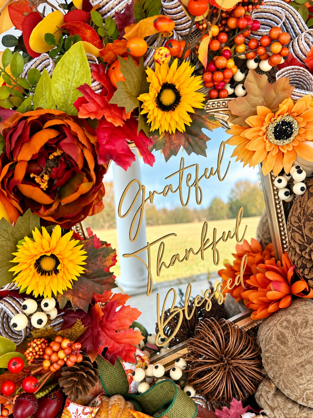 Luxury Fall Wreath with Mirror & Textured Pumpkins | Grateful Thankful Blessed | Oversized Thanksgiving Wreath | 32”