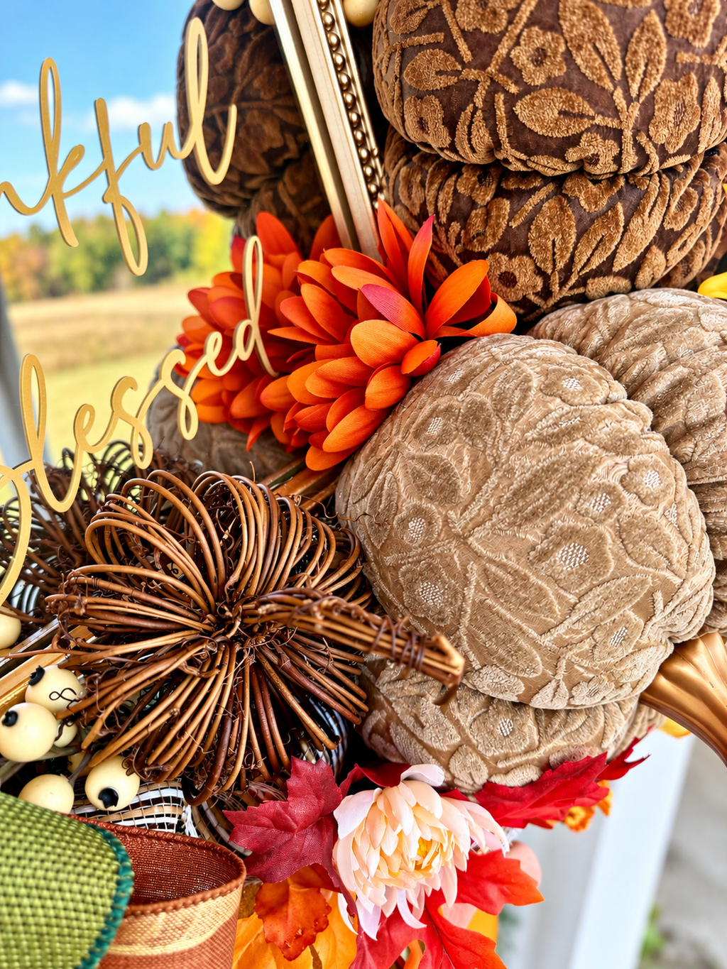 Luxury Fall Wreath with Mirror & Textured Pumpkins | Grateful Thankful Blessed | Oversized Thanksgiving Wreath | 32”