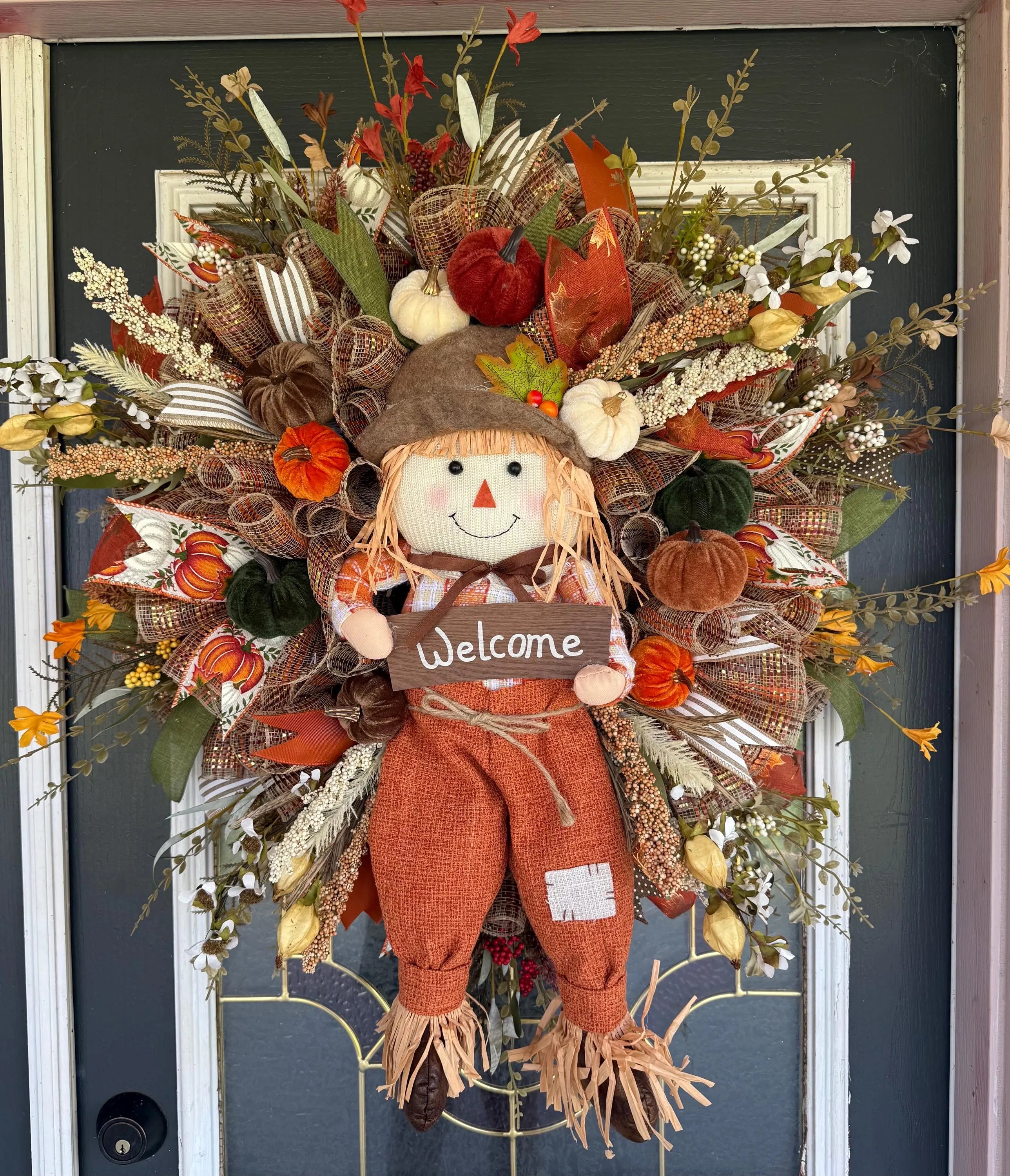 Luxury Fall Scarecrow Wreath | Oversized Autumn Front Door Decor | Handmade Pumpkin Mesh Wreath | Welcome Harvest Door Hanger