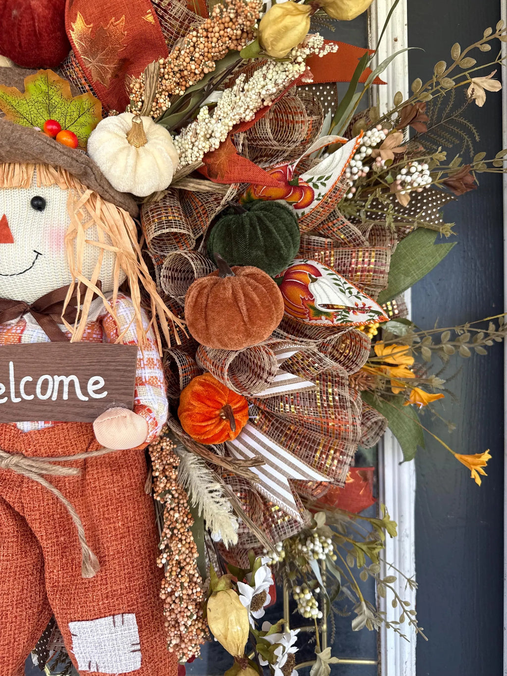 Luxury Fall Scarecrow Wreath | Oversized Autumn Front Door Decor | Handmade Pumpkin Mesh Wreath | Welcome Harvest Door Hanger