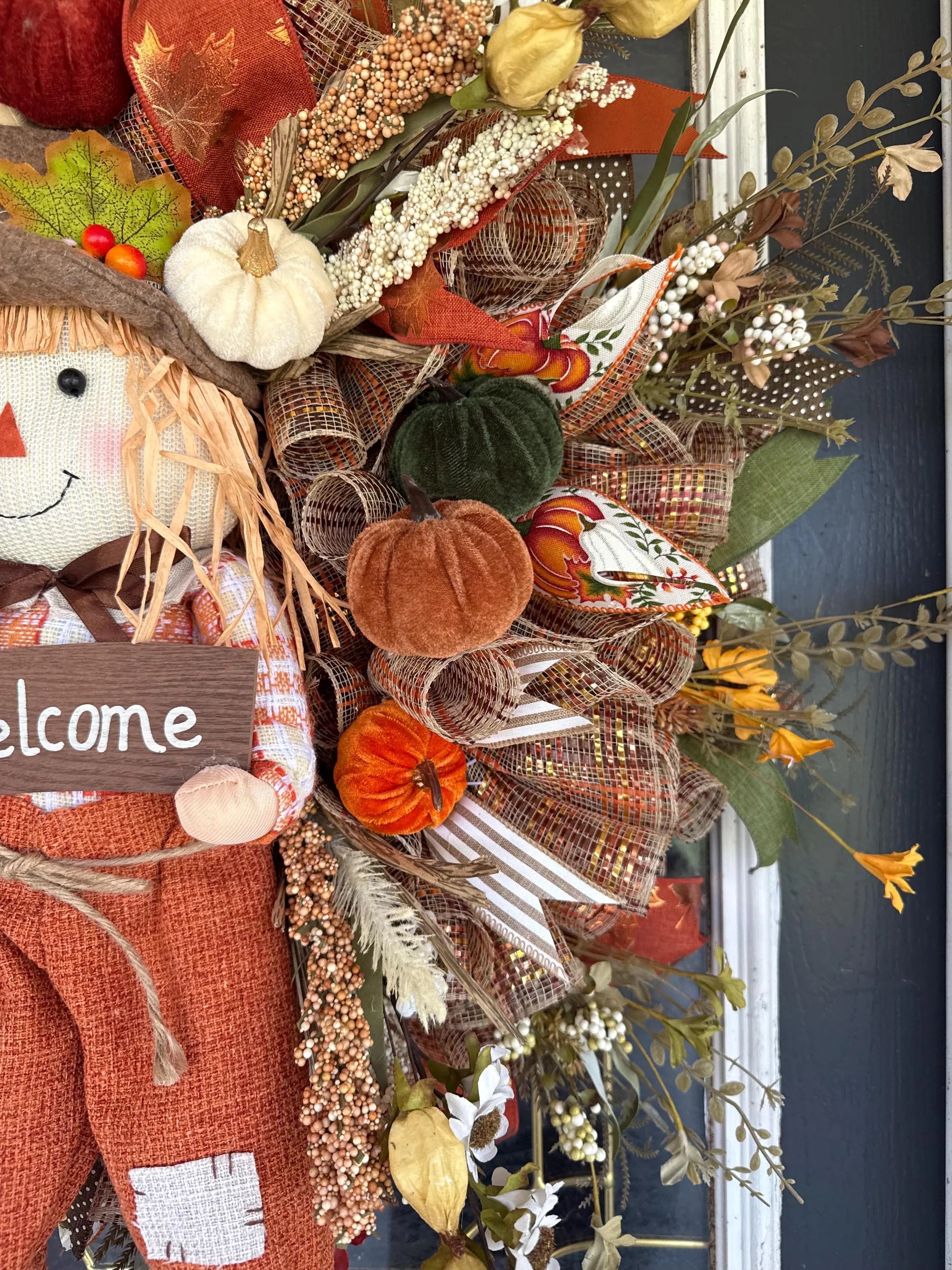 Luxury Fall Scarecrow Wreath | Oversized Autumn Front Door Decor | Handmade Pumpkin Mesh Wreath | Welcome Harvest Door Hanger