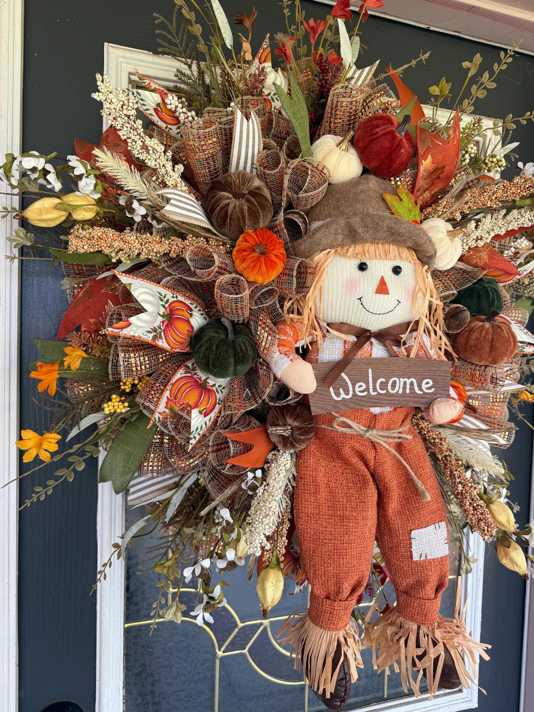 Luxury Fall Scarecrow Wreath | Oversized Autumn Front Door Decor | Handmade Pumpkin Mesh Wreath | Welcome Harvest Door Hanger