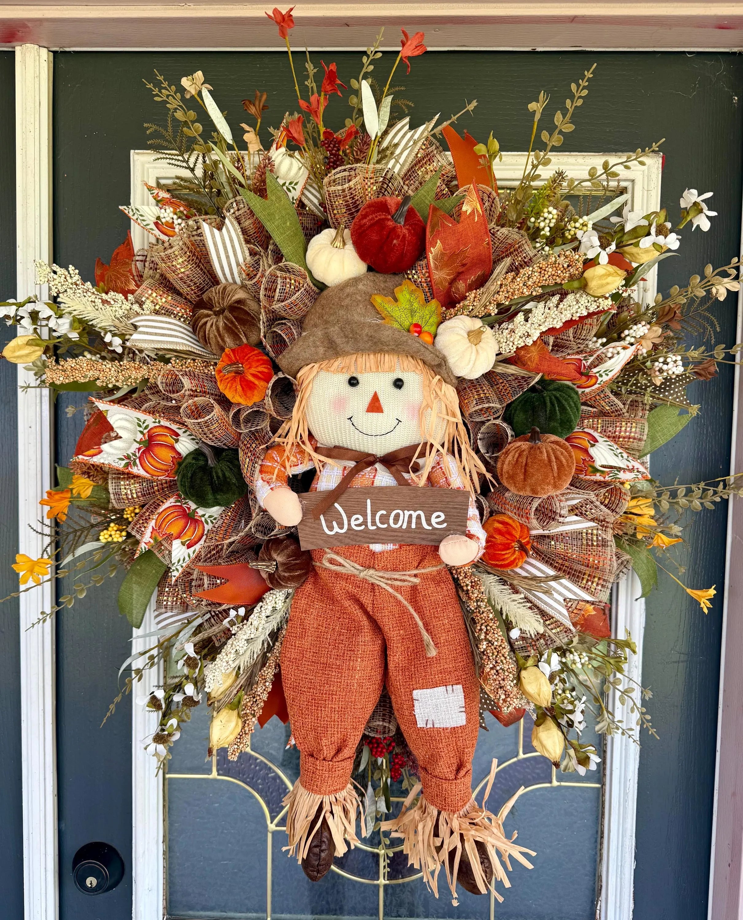 Luxury Fall Scarecrow Wreath | Oversized Autumn Front Door Decor | Handmade Pumpkin Mesh Wreath | Welcome Harvest Door Hanger