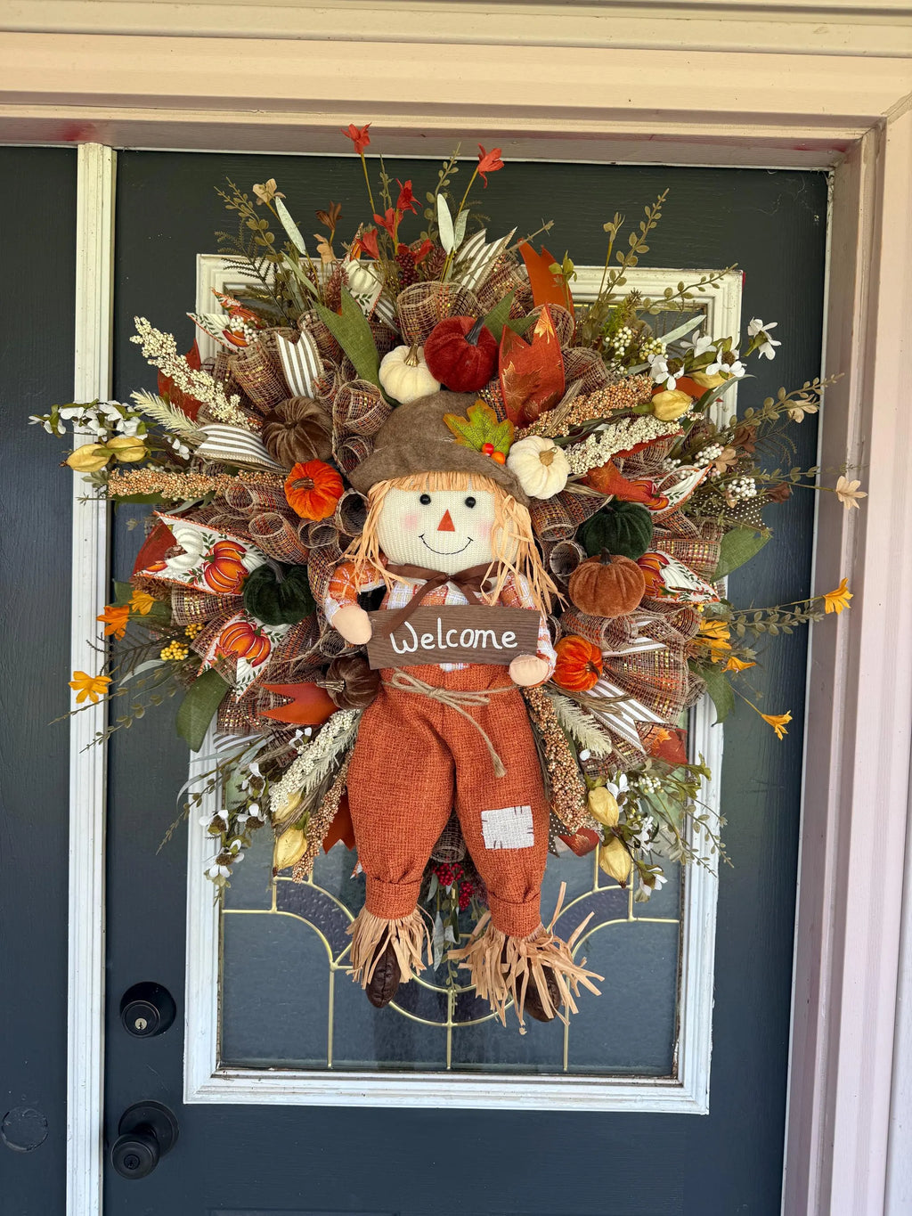 Luxury Fall Scarecrow Wreath | Oversized Autumn Front Door Decor | Handmade Pumpkin Mesh Wreath | Welcome Harvest Door Hanger