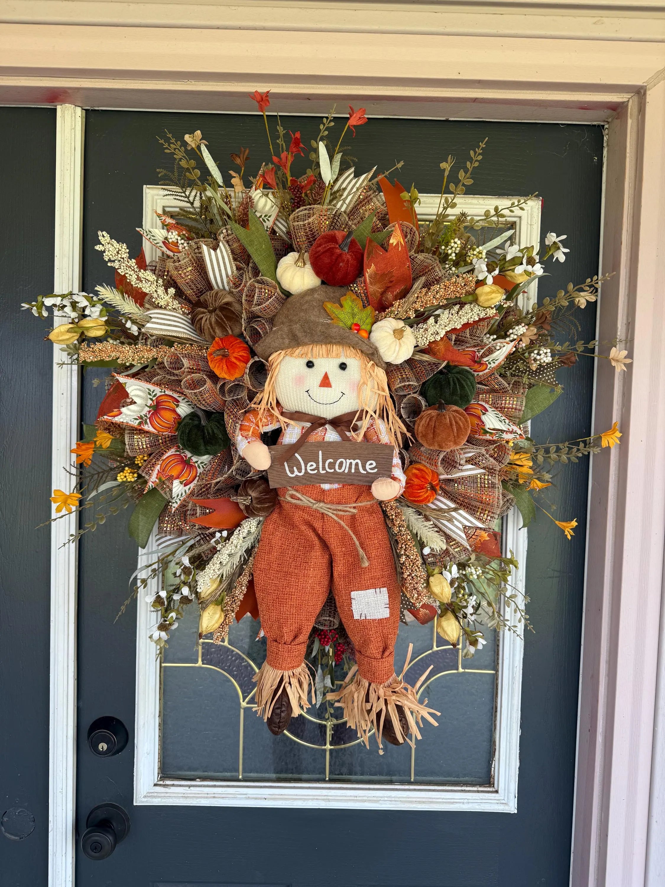 Luxury Fall Scarecrow Wreath | Oversized Autumn Front Door Decor | Handmade Pumpkin Mesh Wreath | Welcome Harvest Door Hanger