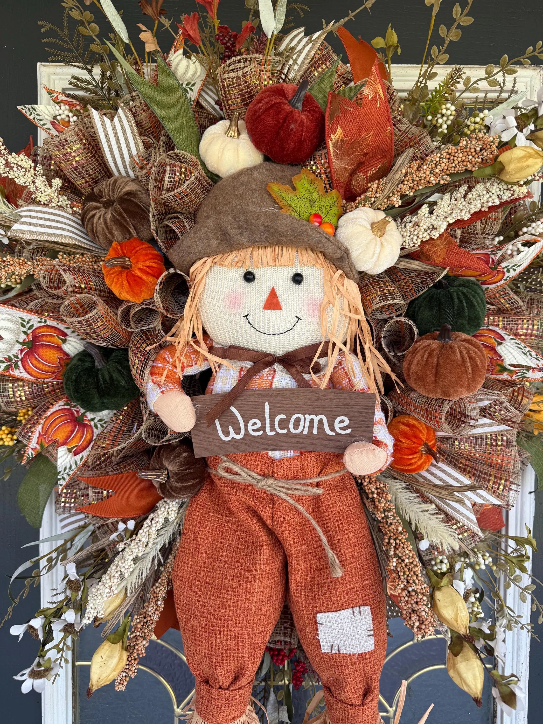 Luxury Fall Scarecrow Wreath | Oversized Autumn Front Door Decor | Handmade Pumpkin Mesh Wreath | Welcome Harvest Door Hanger