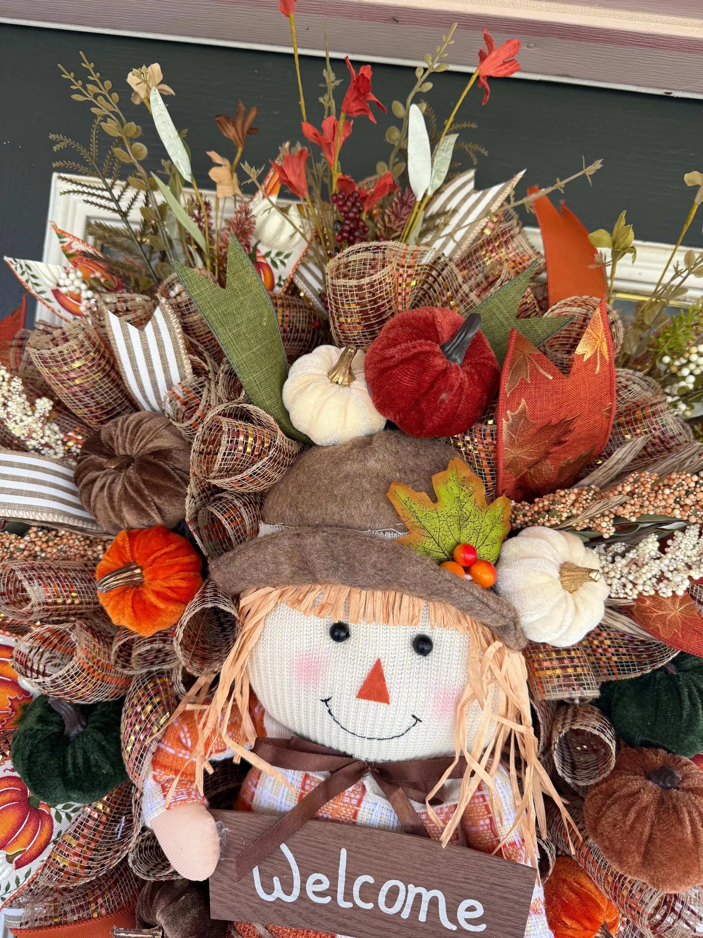 Luxury Fall Scarecrow Wreath | Oversized Autumn Front Door Decor | Handmade Pumpkin Mesh Wreath | Welcome Harvest Door Hanger