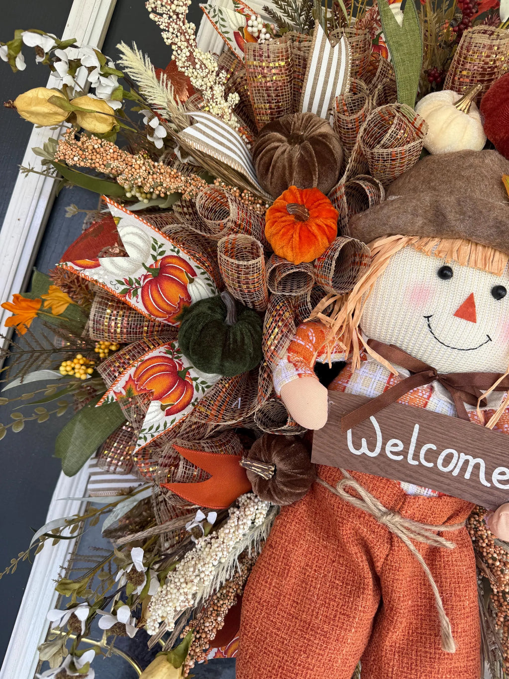 Luxury Fall Scarecrow Wreath | Oversized Autumn Front Door Decor | Handmade Pumpkin Mesh Wreath | Welcome Harvest Door Hanger