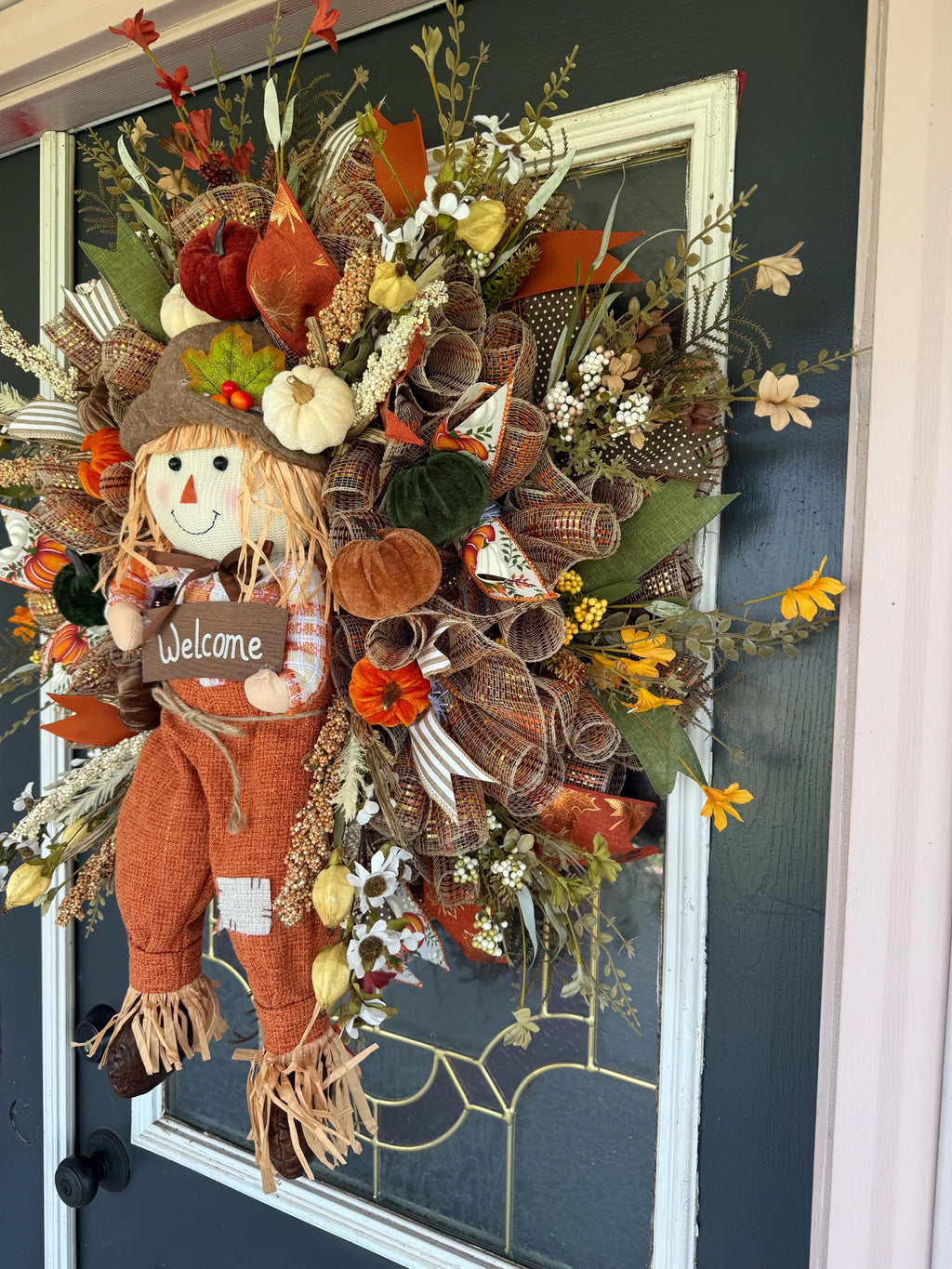 Luxury Fall Scarecrow Wreath | Oversized Autumn Front Door Decor | Handmade Pumpkin Mesh Wreath | Welcome Harvest Door Hanger